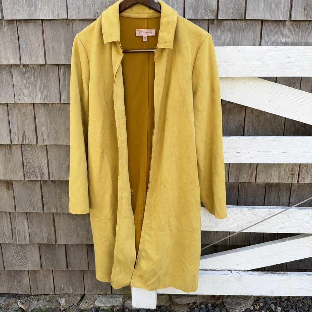 Philosophy Coat Yellow Faux Suede Collared Open Front Pockets Knee Length Size M